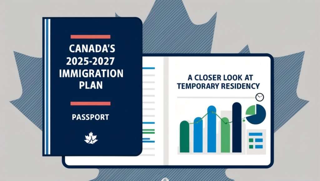A blue passport with a Canadian maple leaf logo opens to reveal charts and graphs representing immigration trends.